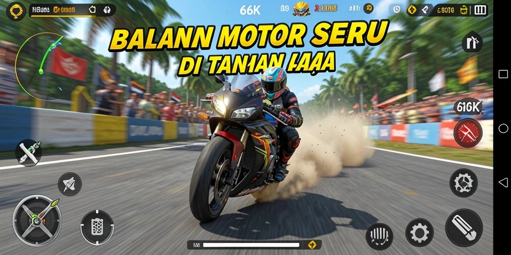 Gameplay intens 66K saat balapan motor di trek menantang.