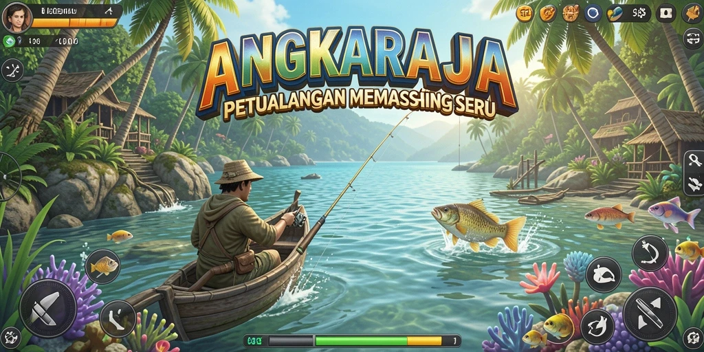 Screenshot gameplay ANGKARAJA menunjukkan proses memancing yang aktif dan seru.