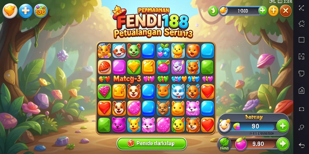 Tangkapan layar FENDI188 menampilkan gameplay Match-3 yang seru dan penuh warna.