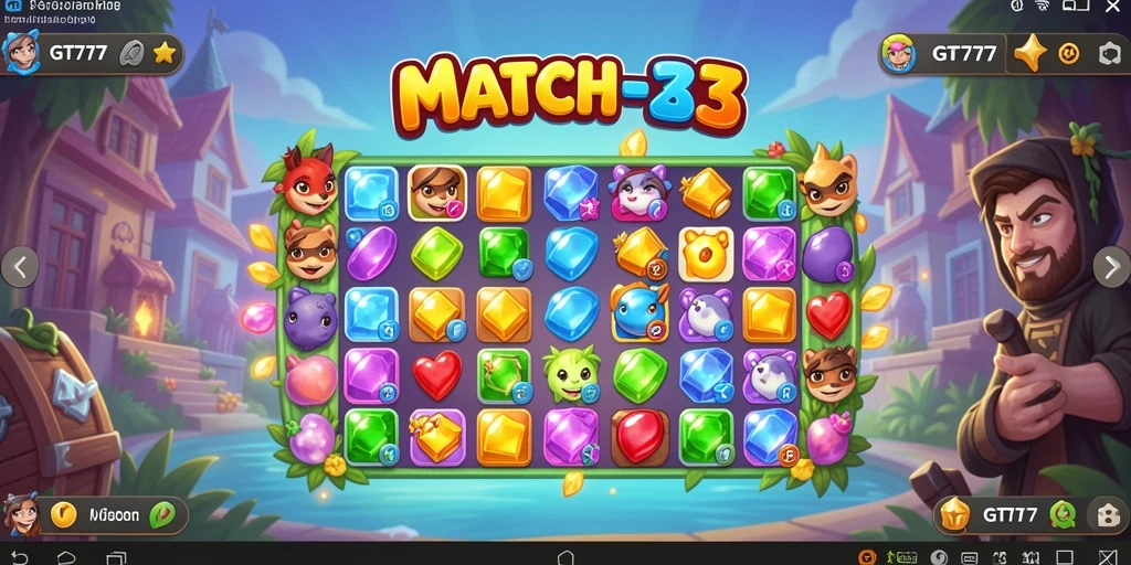 Screenshot gameplay GT777 memperlihatkan suasana match-3 yang ceria dan penuh warna.