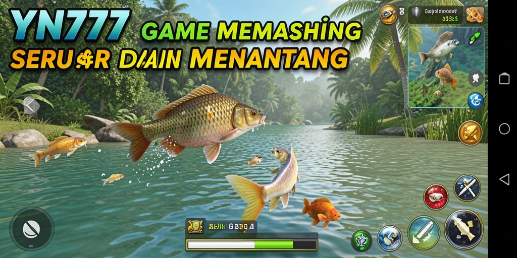 Tampilan screenshot utama YN777 yang menunjukkan aksi memancing seru.
