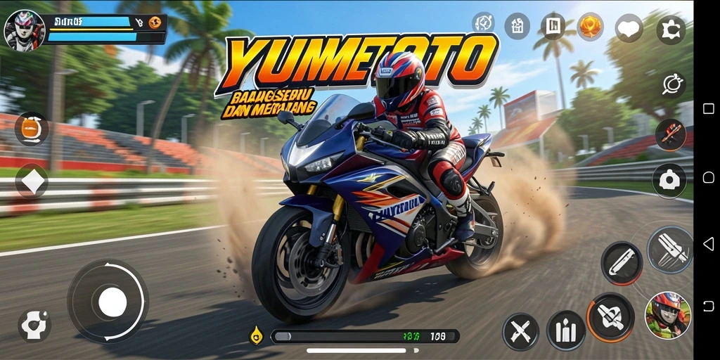 Screenshot YUMETOTO menampilkan aksi seru balapan motor.